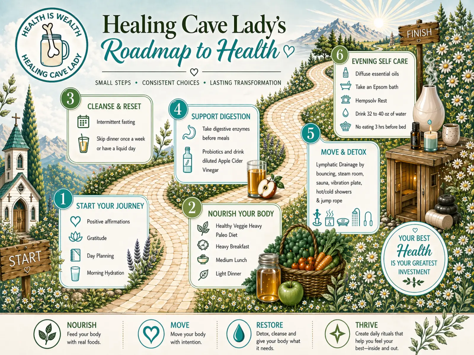 Roadmap to Health — six stops infographic. Tap to enlarge for detail.
